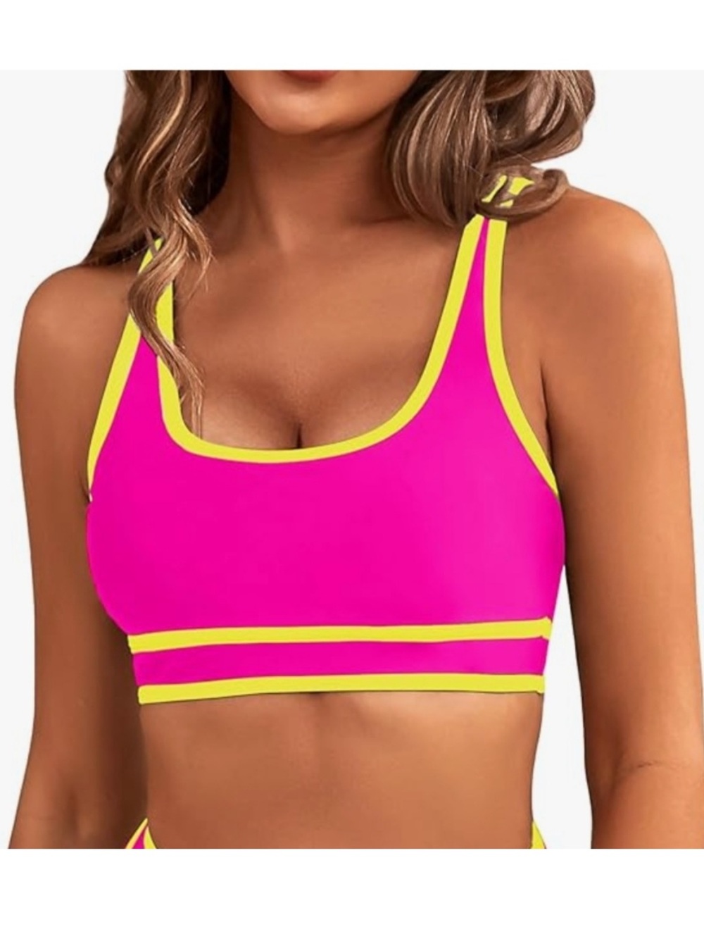 BMJL neon pink and yellow bikini padded top, adjustable straps, size L